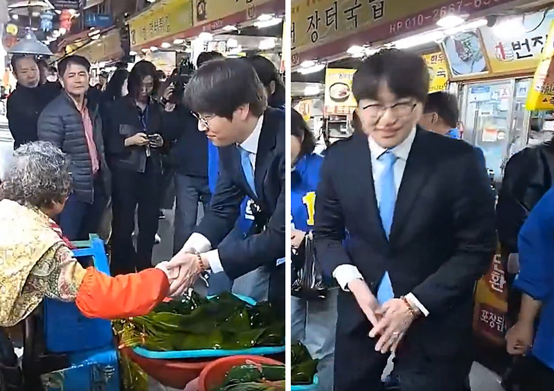 하정우 ‘시장 상인과 악수 후 손털기’ 논란… 野 “유권자 벌레 취급” 河 “손 저려 그랬다”