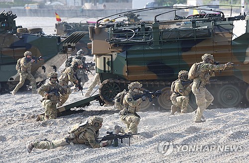 (LEAD) Navy, Marine Corps hold large-scale amphibious landing drills in Pohang
