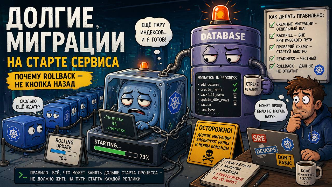 Долгие миграции на старте сервиса — это не startup-проблема. Это ошибка в архитектуре релиза