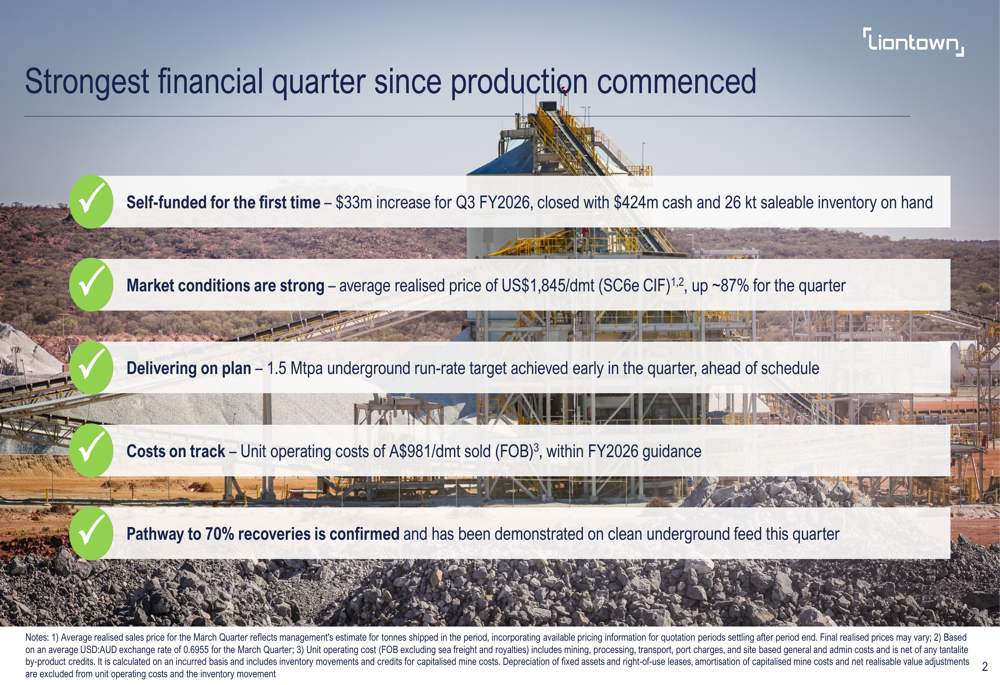 Liontown Q3 FY2026 slides: self-funded milestone, 87% price surge