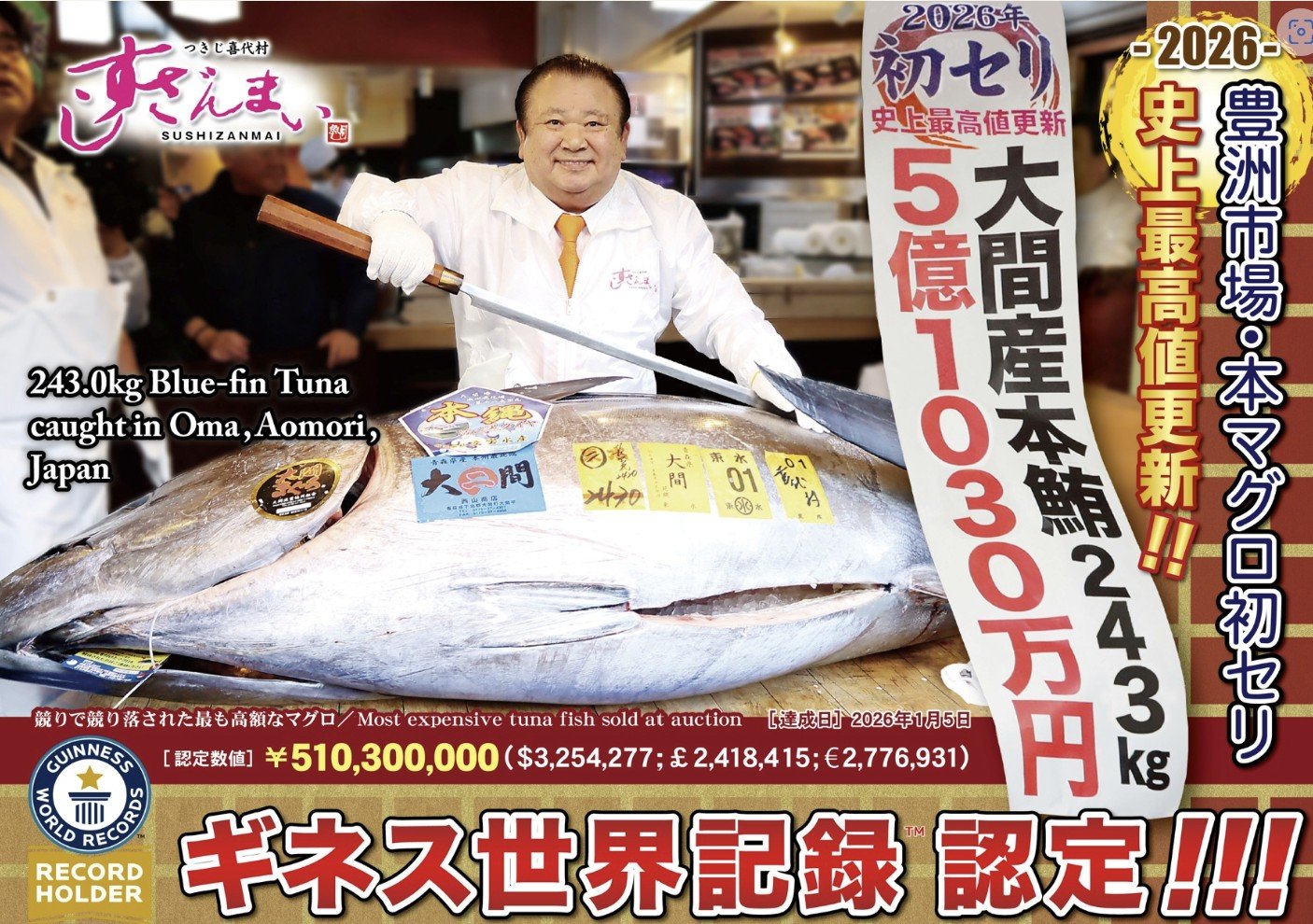 참치 한 마리가 ‘47억’…日 ‘세계에서 가장 비싼 참치’ 기네스북 등재