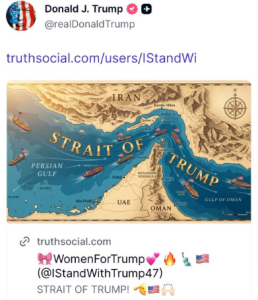 Presidente dos EUA reposta montagem do Estreito de Ormuz como “Estreito de Trump”