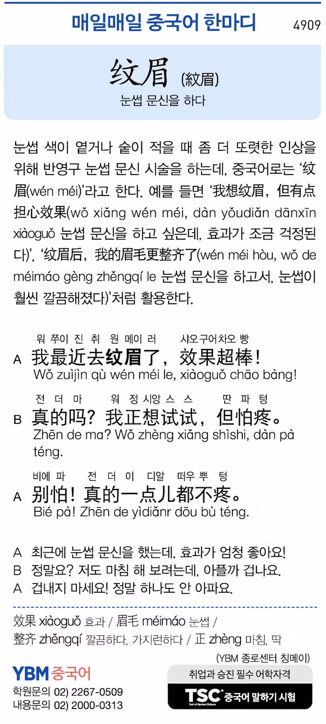 [매일매일 중국어 한마디] 눈썹 문신을 하다