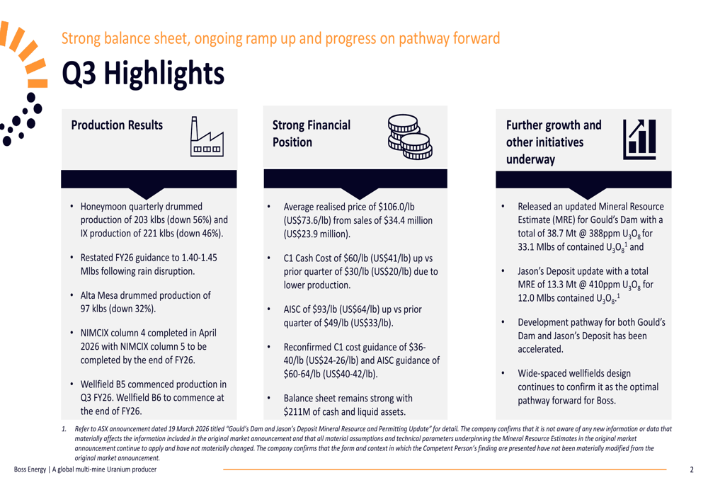 Boss Energy Q3 2026 slides: weather hits output, costs spike temporarily
