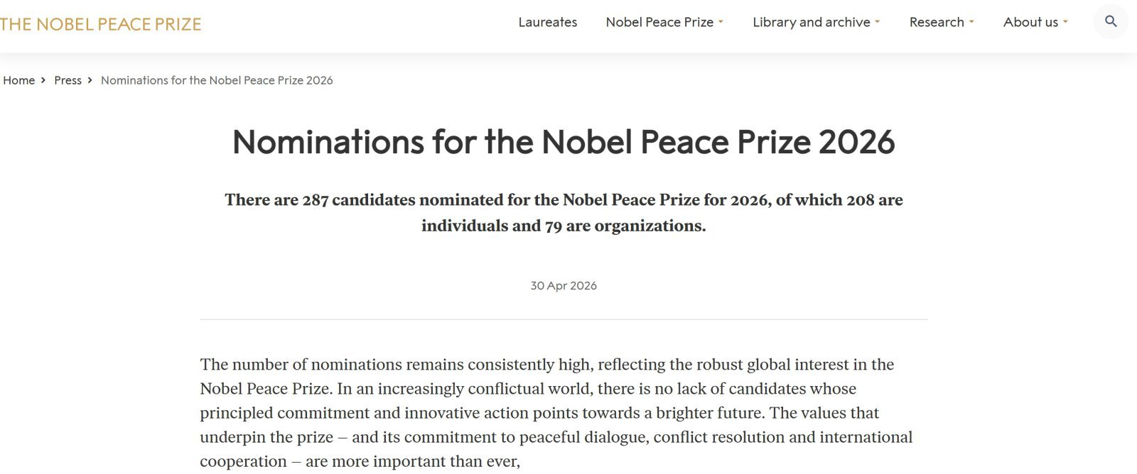 노벨위원회 “올해 노벨평화상 후보로 개인 208명·단체 79개 추천”