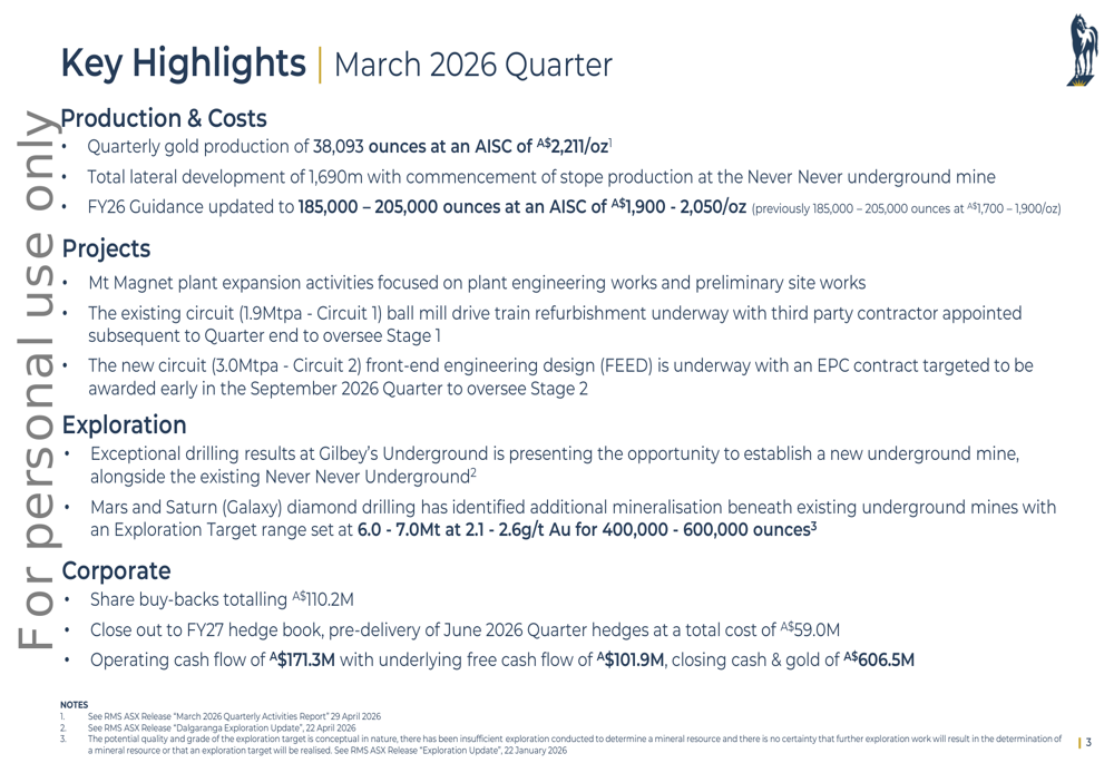 Ramelius Q3 FY26 slides: record margins offset production dip