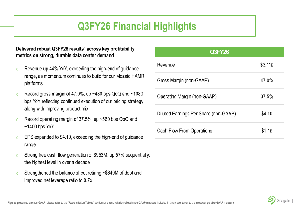 Seagate Q3 FY26 slides: record margins, HAMR drives data center surge