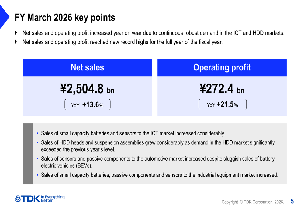 TDK FY 2026 slides: record profits, AI pivot amid muted stock reaction