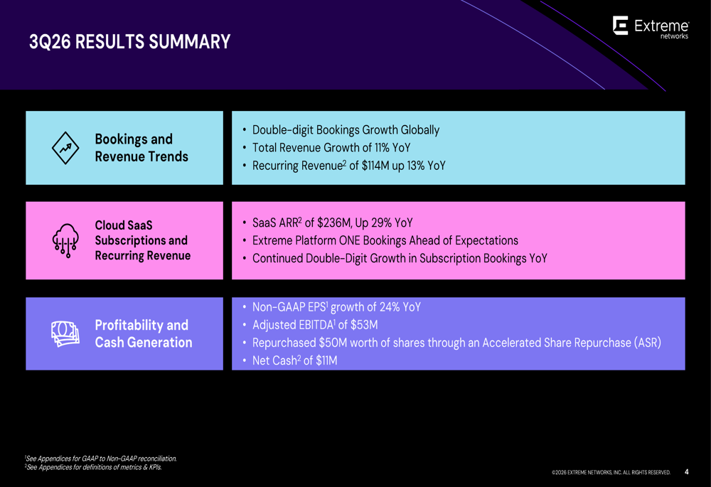 Extreme Networks Q3 2026 slides: fifth straight double-digit growth